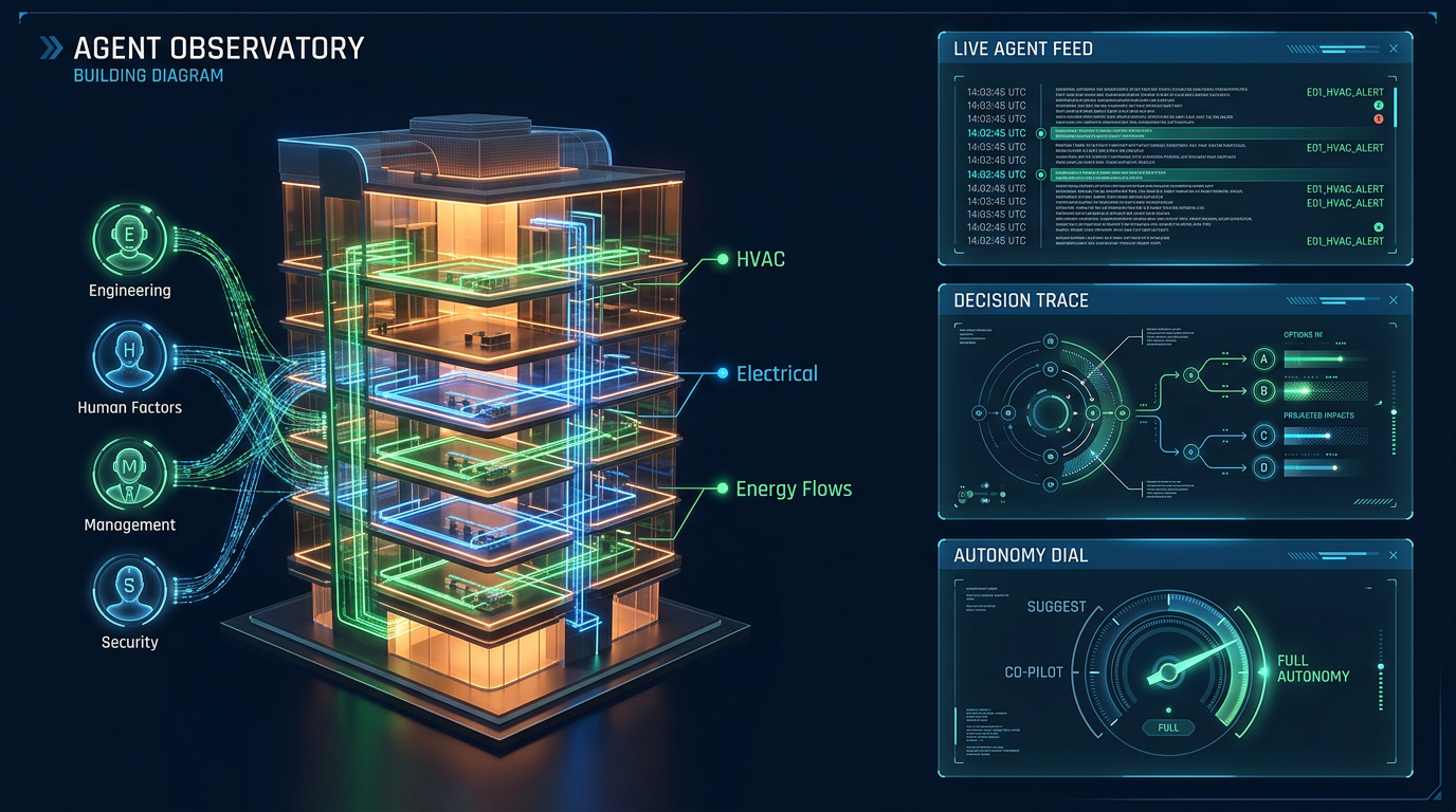 Agent Observatory — 3D building cutaway with live agent feed, decision traces, and autonomy dial